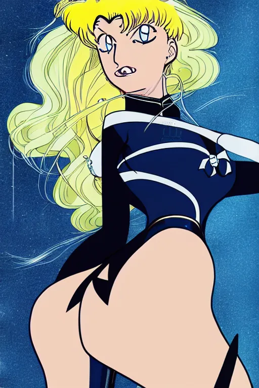 Image similar to blonde sailor moon as aeon flux by Peter chung, loish,