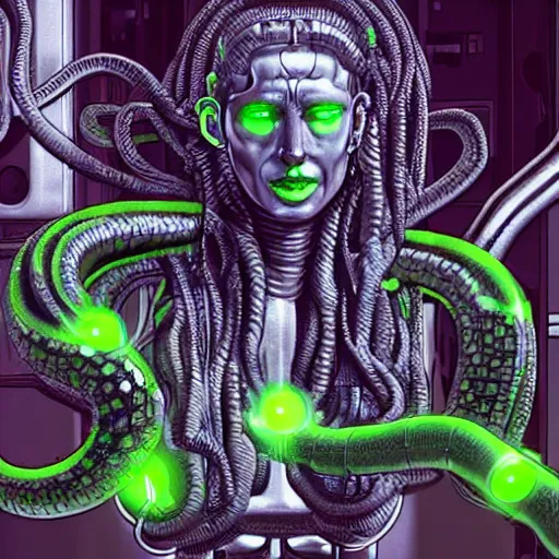 Prompt: the upper torso of a terminator gorgon medusa with borg implants and robotic snakes coming out of her head is hanging from cables and wires off the ceiling of a lab. Her bottom half is missing with cables hanging out. Tiny green led lights in her cybernetics. She is taking a sip from a cup of coffee. very detailed 8k. Horror cyberpunk style.