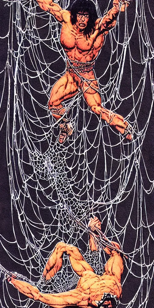 Prompt: “ conan the barbarian leaping to attack a giant black spider, red eyes ” “ a beautiful woman is tied up in spider webs ” val semeiks, barry windsor smith, john buscema, ernie chan, earl norem.