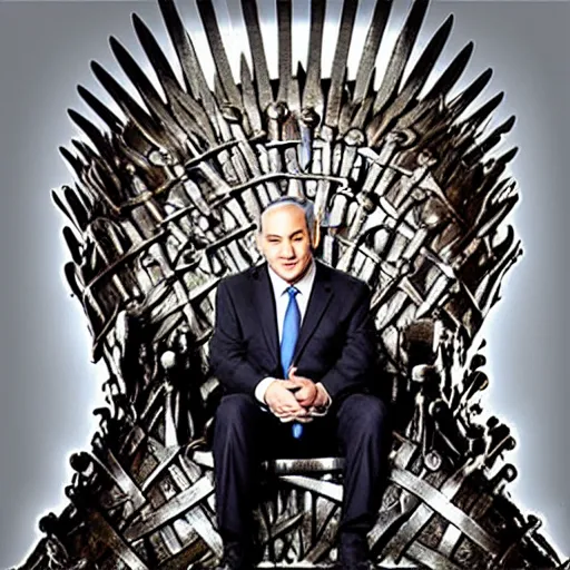 Image similar to “Benjamin Netanyahu sitting on the iron throne, 4k, award winning, Digital art, scene from game of thrones”