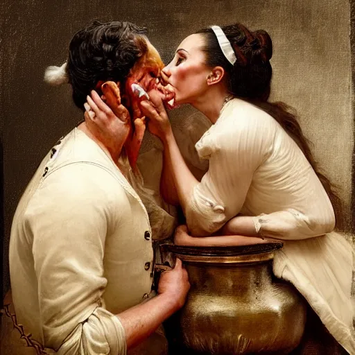 Image similar to A hyperdetailed portrait of Kate Middleton and Meghan Markle French kissing with lots of spit and drool. Black oil bath. 1790s. In the style of Norman Rockwell and Boris Vallejo.