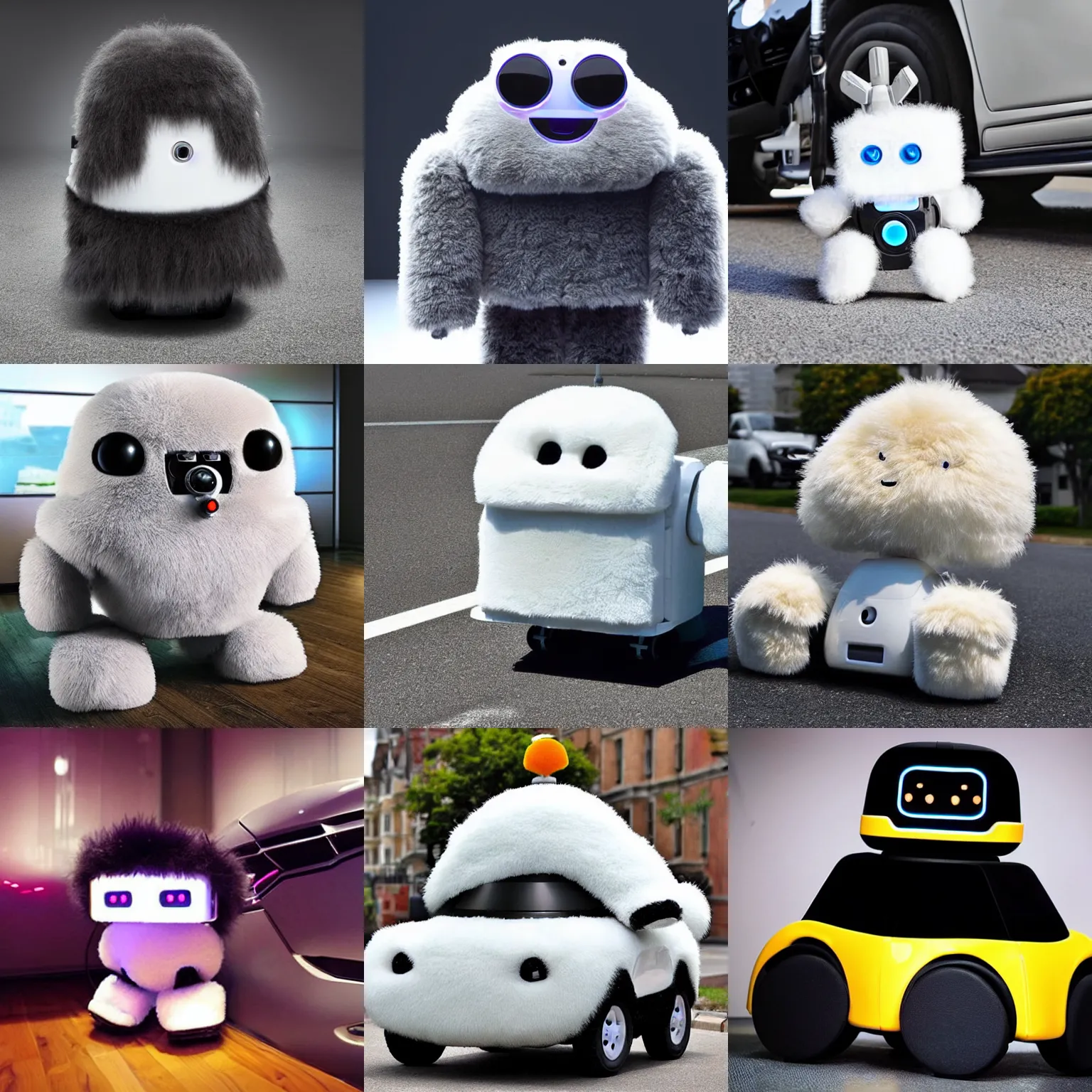 Prompt: <picture quality=hd+ mode='attention grabbing'>an adorable fluffy robot turns into a car</picture>