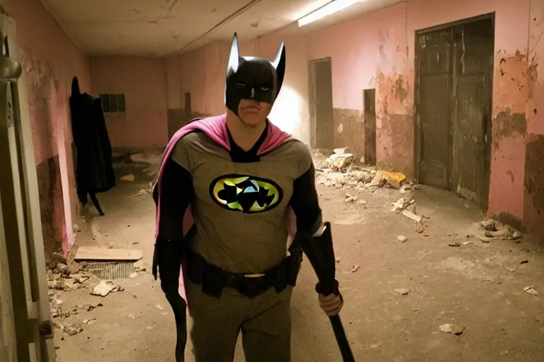 Image similar to batman wearing pink apron wielding an axe, chasing through old brown decrepit hallway, creepy smile, atmospheric eerie lighting, dim lighting, bodycam footage, photograph