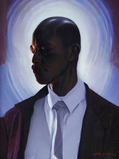 Prompt: pulp magazine cover of a black man in a suit smoking, dynamic lighting, volumetric lighting, mysterious highly detailed, smooth, digital painting, symmetrical, art by vincent di fate, kehinde wiley, artem demura