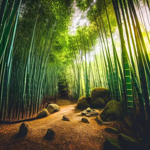 Image similar to photo of a small Japanese temple hidden in a bamboo forest, cinematic, light rays, beautiful, 8k,