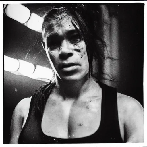 Image similar to close up portrait of woman boxer after boxing with brews blood sweating, photography photojournalism, very grainy image, neon light, 80mm lens, close up portrait polaroid