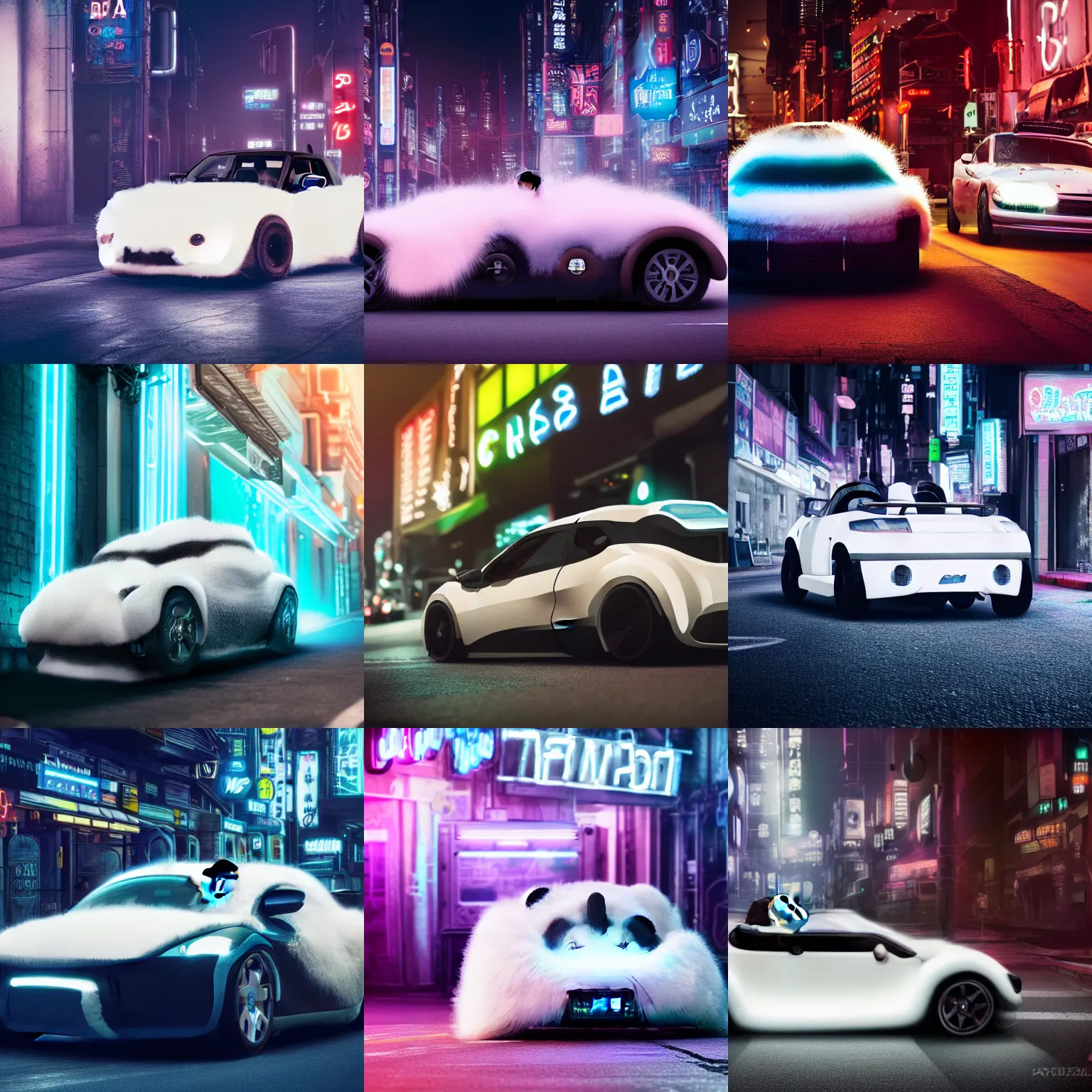 Image similar to a fluffy roadster covered with white fur and in the style of a panda, parking in the street, Cyberpunk, neon light, 4k, hd, highly detailed