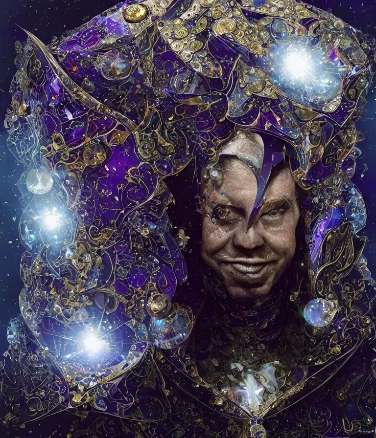 Image similar to front!!! shot of a court jester!!! character, mesmerizing fractal hypercubes, platinum cracked, dark holography!!!, future, metallic galactic, crystalline edges, polygonal, elegant, highly detailed, centered, (((artstation, concept art, jagged, sharp focus, artgerm, Tomasz Alen Kopera, Peter Mohrbacher, donato giancola, Joseph Christian Leyendecker, WLOP, Boris Vallejo))), ((raytracing)), mugshot!!!!!, ugly!!!!!!, octane render, nvidia raytracing demo, octane render, nvidia raytracing demo, octane render, nvidia raytracing demo, 8K, cinematic, masterpiece, fine portrait