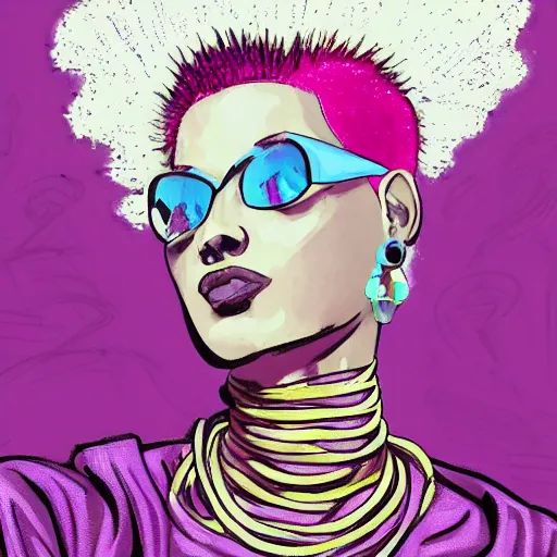 Image similar to a woman with pink hair wearing a purple dress, an album cover by Hedi Xandt, featured on tumblr, afrofuturism, made of rubber, made of plastic, elite