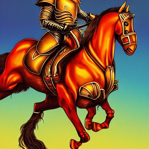 Prompt: a wide shot of a cat wearing an armor, riding on a prancing horse, golden hour, illustration, oil panting, matte