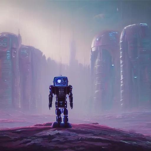 Image similar to a oil painting of Cyberpunk robot in eternal planet from No man’s sky by Simon Stålenhag, in style of fractal landscape by H.R. Giger,neonpunk, Sci-Fi, 8k, ultra detail, volumetric lighting, unreal engine, octane render, ultra realistic, max quality, epic 35 mm lens shot, photorealism