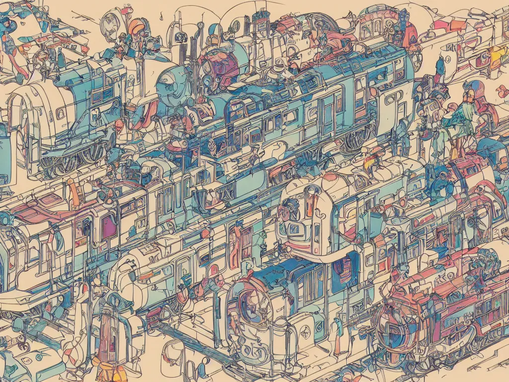 Image similar to colorful blueprint sideview of a anime train, illustration, concept art, autumn light, colorful, beautiful, studio ghibli, hayao miyazaki, takashi murakami, alfons mucha, manga, cute and adorable