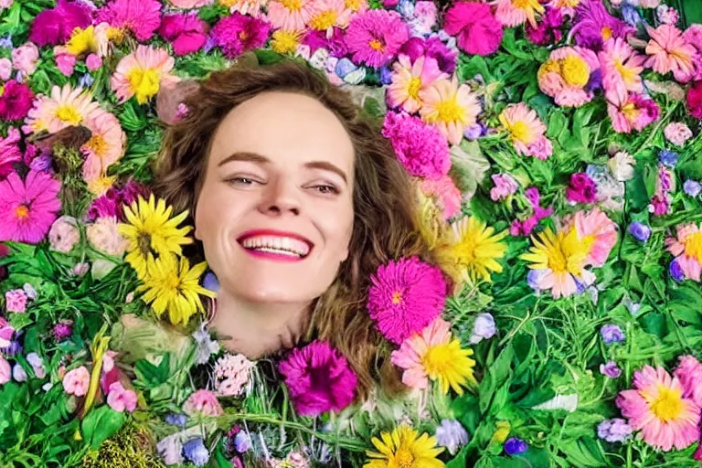 Prompt: vhs 1 9 8 0 s cinema footage of a womans head surrounded by giant beautiful flowers eerie smiling, scene from the movie midsommar, directed by ari aster, vintage film grain