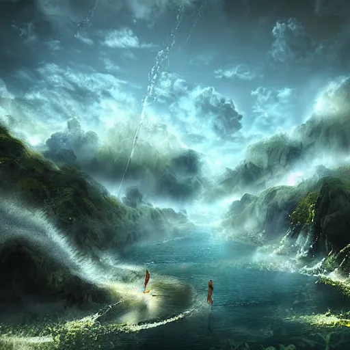 Image similar to waterpark in the clouds of heaven, digital art, cinematic lighting, epic composition, highly detailed