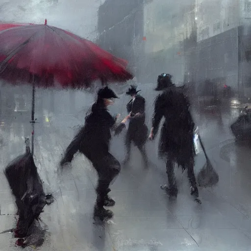 Prompt: ravens attacking man with red umbrella, by jeremy mann.