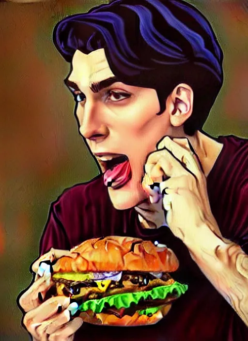 Prompt: oil painting, jughead jones devours a hamburger, intricate, elegant, highly detailed, lighting, painting, artstation, smooth, illustration, art by greg rutowski and alphonse mucha