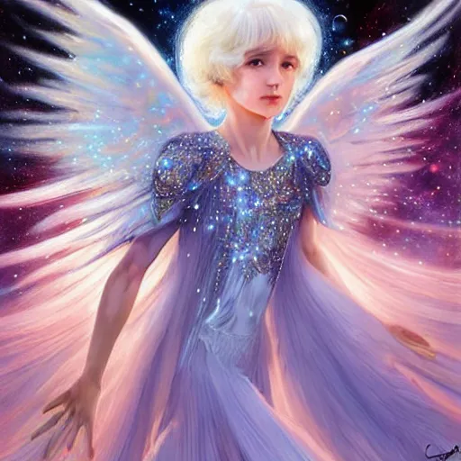 Image similar to portrait harmony of white haired angel beautiful yoongi wearing sparkly shiny greek clothes, muted colors, nebula background, neon sparkles everywhere, big wings, dynamic hair movement, + + + + dynamic pose, holographic space, glowing effect, j. c leyendecker, by alan lee, wlop! illustrated by starember, fantasy art by craig mullins