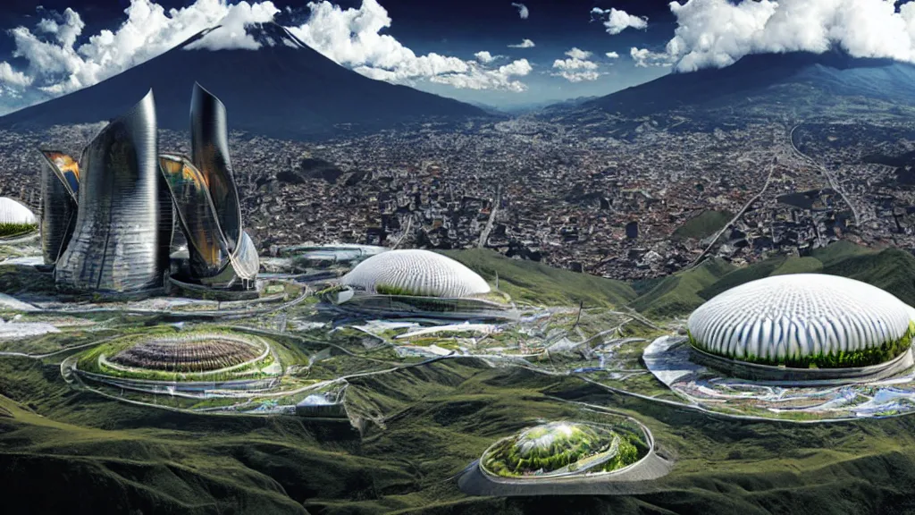 Prompt: Nuclear; Mountain, Nature, City; Harmony; Quito, Ecuador; by Oswaldo Moncayo and Vincent Callebaut; Art Direction by James Cameron;