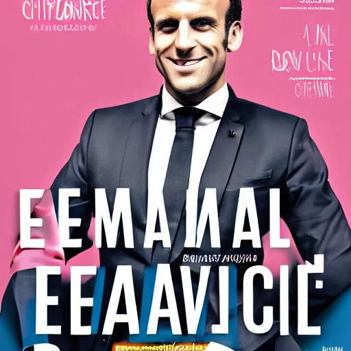 Image similar to colorful Cover of Emmanuel Macron magazine, white borders, 50mm photography, high quality, 4K