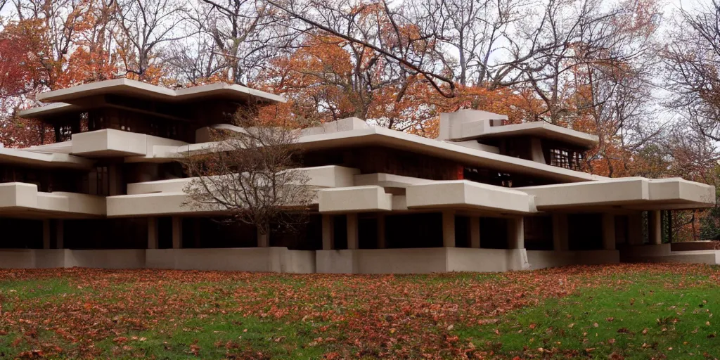Prompt: brutality frank lloyd wright house, photo