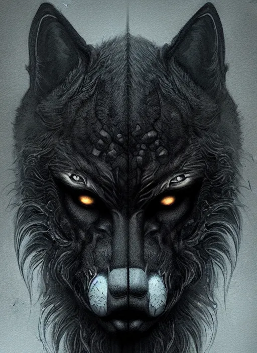 Image similar to symmetry!! portrait of dark grey werewolf, horror, night time lighting, intricate, scary, highly detailed, digital painting, artstation, concept art, smooth, sharp focus, illustration, art by greg rutkowski