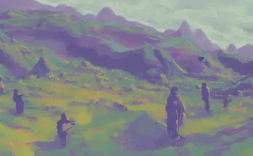 Prompt: it feels like something to be anything. Landscape with people. Rough strokes. Interesting colour scheme, muted colour. Detailed. Beautiful digital art by artist Lurid. (2022)