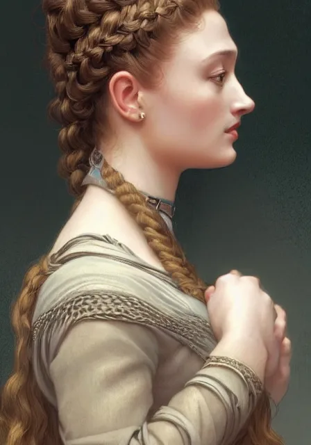 Prompt: sansa portrait in profile with a complex hairstyle with lots of braids and curls, intricate, elegant, highly detailed, digital painting, artstation, concept art, smooth, sharp focus, illustration, art by artgerm and greg rutkowski and alphonse mucha and william - adolphe bouguereau