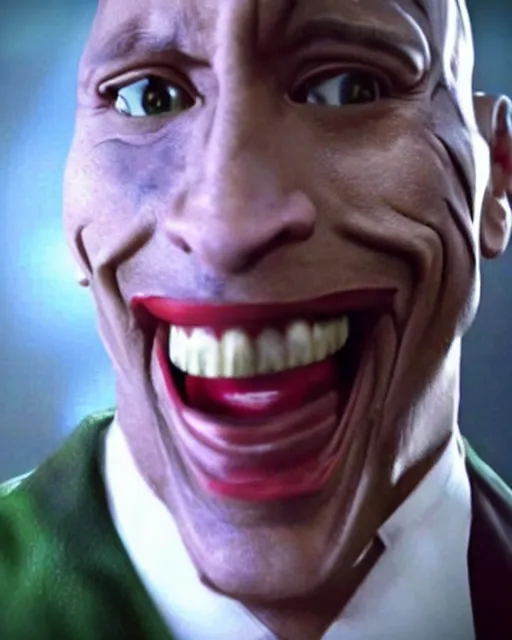 Image similar to Film still close-up shot of Dwayne The Rock Johnson as The Joker from the movie The Dark Knight