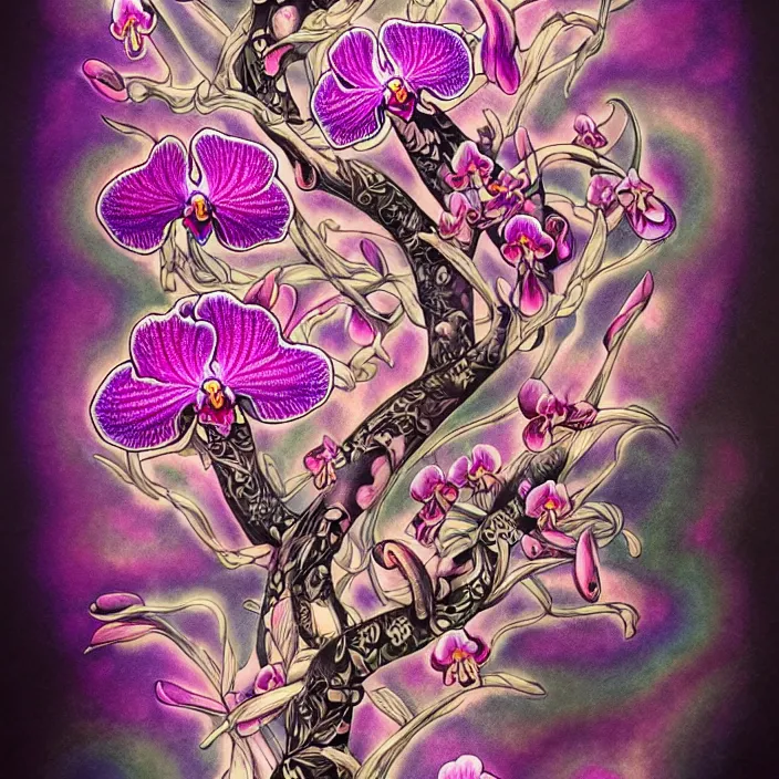 Image similar to extremely psychedelic tattoo design made of orchid and cherry blossom tree and mushroom, LSD tattoo design, diffuse lighting, fantasy, intricate, elegant, highly detailed, lifelike, photorealistic, digital painting, artstation, illustration, concept art, smooth, sharp focus, art by John Collier and Albert Aublet and Krenz Cushart and Artem Demura and Alphonse Mucha