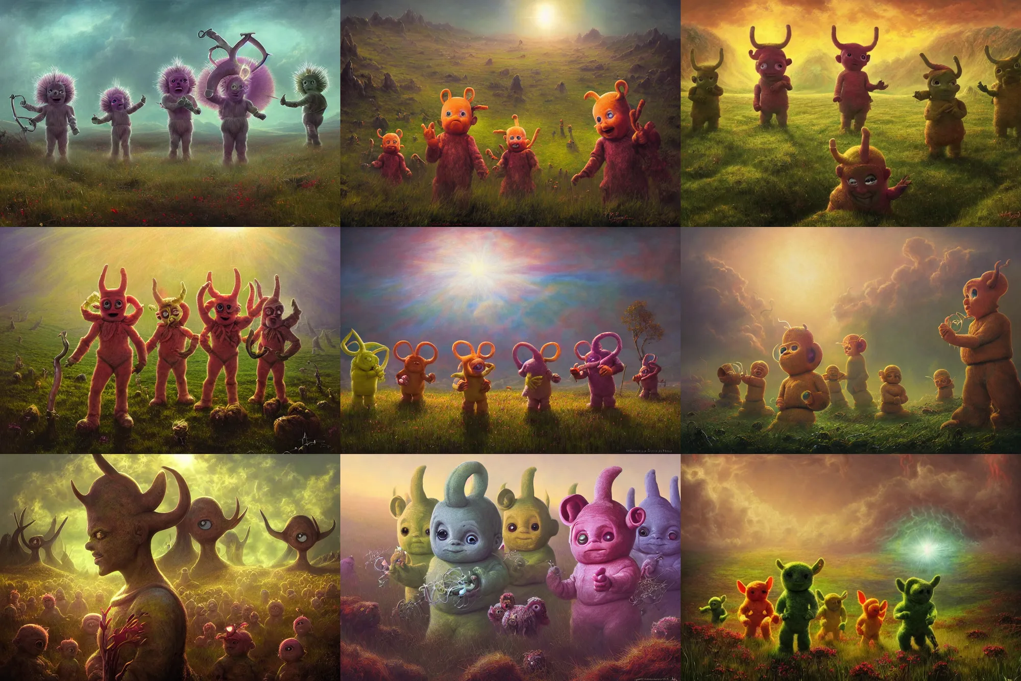 Prompt: highly detailed elden ring portrait photo of multicolored teletubbies with geometrically shaped antennas on their heads tormenting the souls of the damned in a hilly meadow in hell, a smiling sun on the horizon, hyperrealistic illustration by william didier pouget and tomasz alen kopera