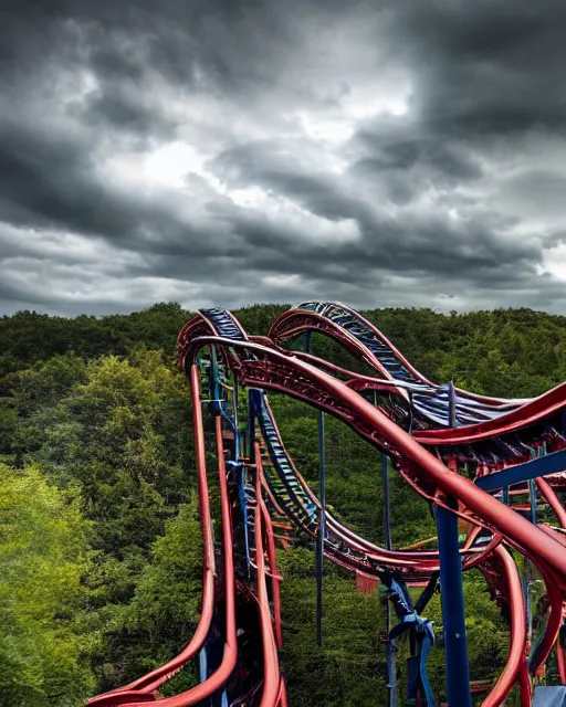 Image similar to a high definition photograph of a roller coaster track that goes up into the dark clouds