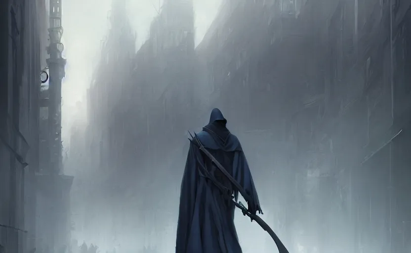 Prompt: the grim reaper, standing on a dark city street, soft grey and blue natural light, intricate, digital painting, artstation, concept art, smooth, sharp focus, illustration, art by greg rutkowski and luis rollo and uang guangjian and gil elvgren, symmetry!