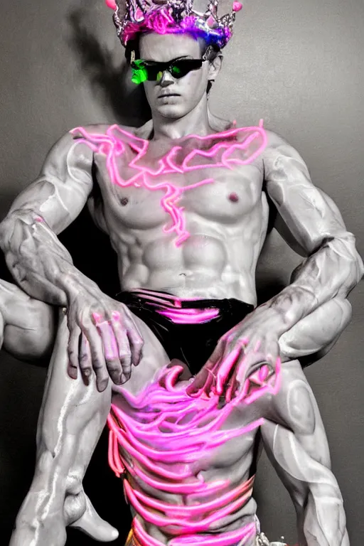 Image similar to full-body rococo and cyberpunk style neon statue of a muscular attractive Tanner Buchanan wearing cholo shades macho dotado e rico android sim roupa reclining con las piernas abertas e la piroca dura, ethereal white dripping tar, glowing orange lasers, pink tigers, glowing eyes, silver prince crown, black gears, pink diamonds, swirling mint-colored silk fabric. futuristic elements. full-length view. human skulls. large intricate artwork by caravaggio. Trending on artstation, octane render, cinematic lighting from the right, hyper realism, octane render, 8k, depth of field, 3D
