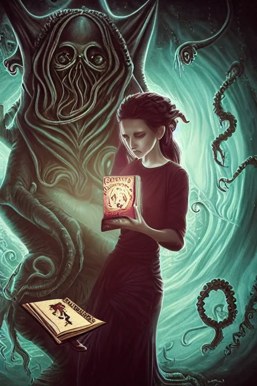 Image similar to romantic photo of bright girl, her cat and her book of necronomicon, symmetrical, cinematic, real dlsr photography, sharp focus, 4 k, ultra hd, sense of awe, sinister demonic atmosphere, dreadful, forbidden knowledge, old gods, cthulhu, yog - sothoth! yah, yah, yah! cultist journal cover