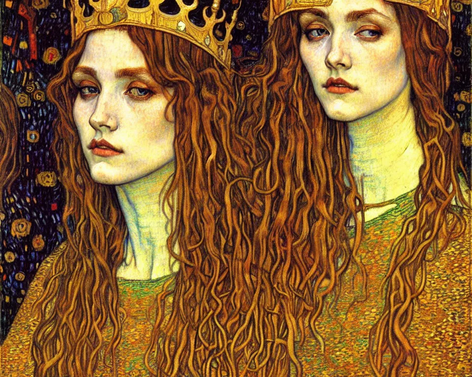 Image similar to detailed realistic beautiful young medieval queen face portrait by jean delville, gustav klimt and vincent van gogh, art nouveau, symbolist, visionary, gothic, pre - raphaelite, muted earthy colors, desaturated