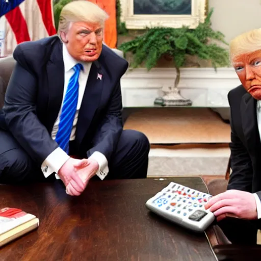 Image similar to giga chad showing donald trump how to use a calculator