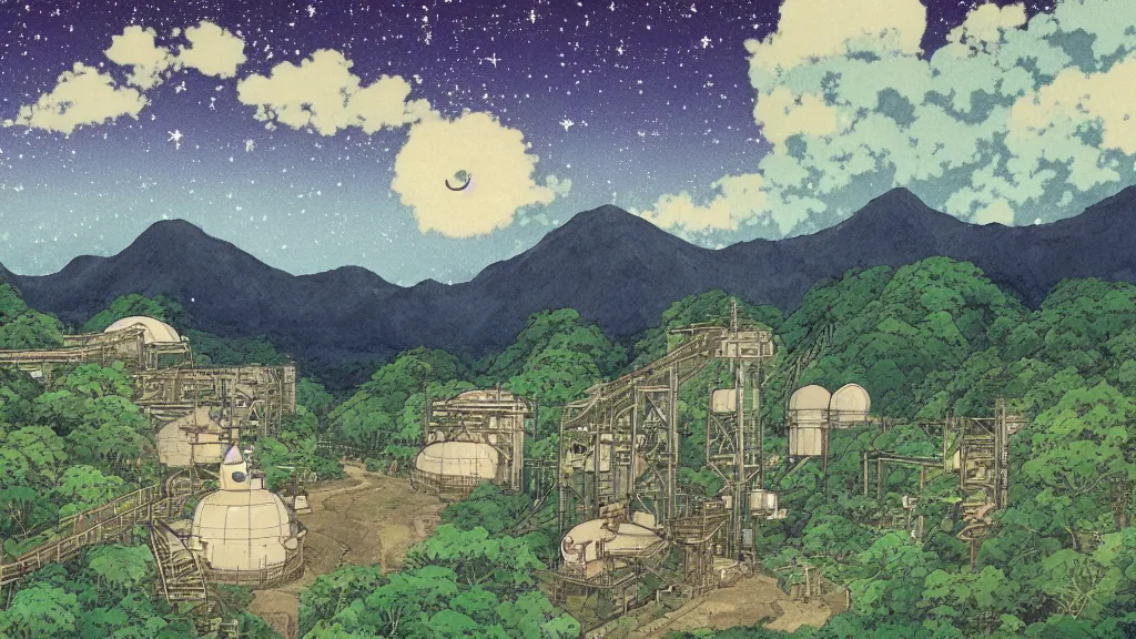 Prompt: a movie still from a studio ghibli film showing s a mine runoff storage facility in the rainforest on a misty and starry night. by studio ghibli