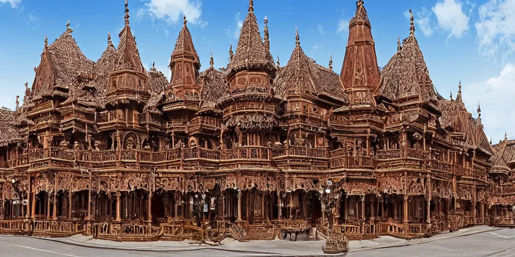 Prompt: an incredibly hyper realistic photorealistic polished sandalwood & rosewood gothic hotel encrusted with fine detailed intricate priceless gems & jewels