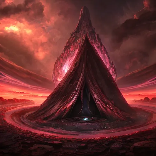 Image similar to a huge chaos dark eldritch monument of a giant eye with red ray traced light and corruption by WLOP and tony sart and bekinski, god rays, fantasy art, 4k, HDR, photorealistic, 8k, trending on artstation