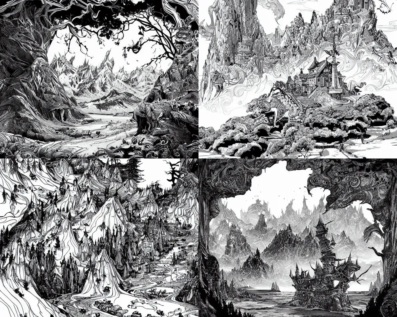 Prompt: impressive fantasy landscape, beautiful line art, ink illustration, pure b&w