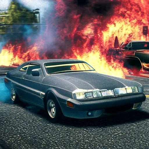 Prompt: an old car jumping over a fire, in game screenshot from need for speed ( 1 9 9 6 )