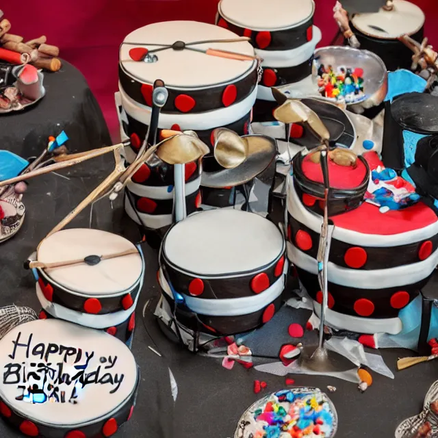 Prompt: a 4 k photograph of a birthday cake sculpture of a drum set