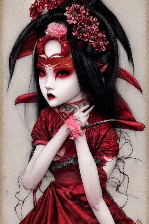 Image similar to watercolor painting of a japanese bjd geisha vampire queen with a long neck in a victorian lolita fashion red dress in the style of dark - fantasy painted by tom bagshaw, amy sol, nekro, dmt art, symmetrical vogue face portrait, intricate detail, artstation, cgsociety, artgerm, rococo