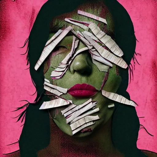 Image similar to face shredded like paper as skin peeling, dark, surreal, illustration, by ally burke