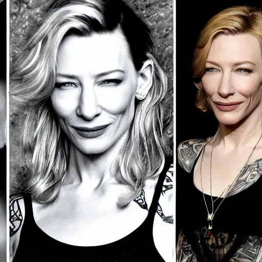 Image similar to high resolution image of cate blanchett with full body gang tattoos , highly detailed, photorealistic, 4k