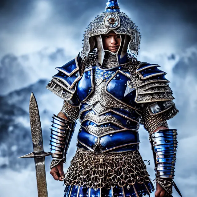 Image similar to full body photo of a beautiful cute strong warrior king wearing sapphire encrusted armour, highly detailed, 8 k, hdr, smooth, sharp focus, high resolution, award - winning photo