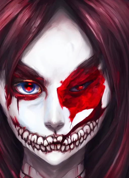 Prompt: face portrait of an anime girl with black curly hair and red vibrant eyes wearing a half skull mask, perfect face details, symmetry, digital painting, trending on artstation and deviantart, epic composition, dynamic, highly detailed, ross draws, wlop, 8 k