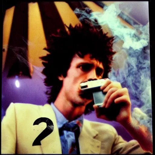 Prompt: Spike Spiegel vaping at a party, 90s polaroid