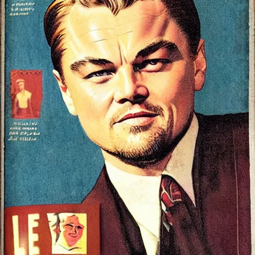 Prompt: “Leonardo Dicaprio portrait, color vintage magazine illustration 1950”