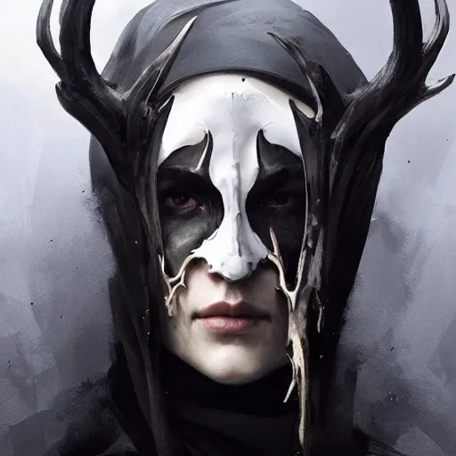 Image similar to portrait of a character wearing a black cloak, with a white mask in the shape of a deer skull, the mask covers her entire face, there are no antlers, dramatic lighting, illustration by Greg rutkowski, yoji shinkawa, 4k, digital art, concept art, trending on artstation